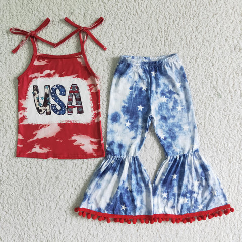 GSPO0068 4th of July  suspender Baby  girl  bell pants set