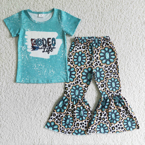 GSPO0093 Baby blue gem  Short Sleeve and Bell Bottoms Pants Sets