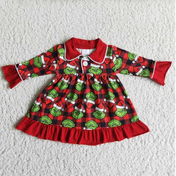 6 A1-28 Christmas Green cartoon  Red Lace Check Long Sleeve Dress
