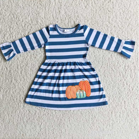 6 A19-13 Light Blue Striped Pumpkin Long Sleeve Dress