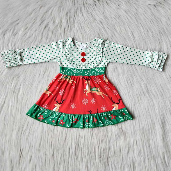 6 A26-14 Green Polka Dot Lace Long Sleeve Snowflake Deer Red Dress