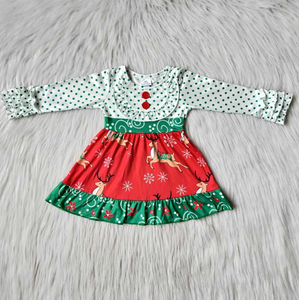 6 A26-14 Green Polka Dot Lace Long Sleeve Snowflake Deer Red Dress