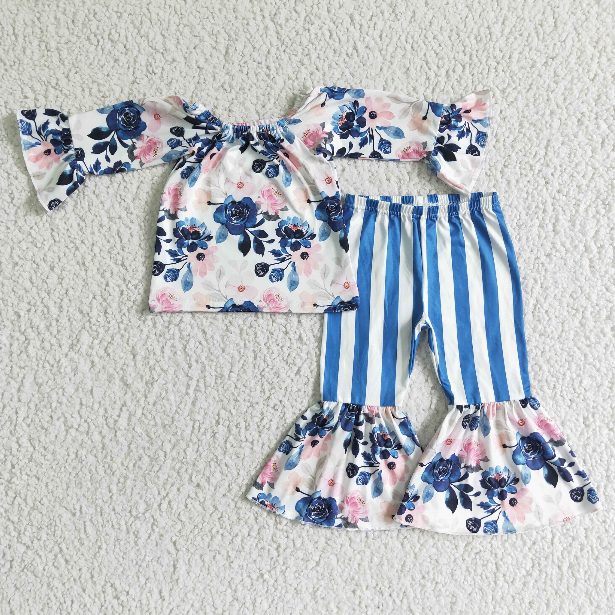 Girls Flower Long Sleeve Blue and White Striped bell pants Suit