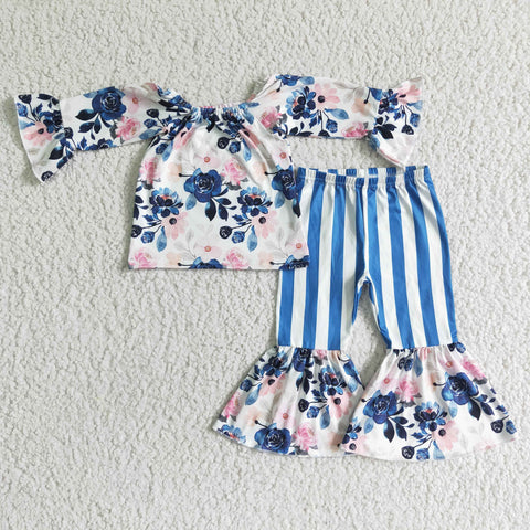 Girls Flower Long Sleeve Blue and White Striped bell pants Suit