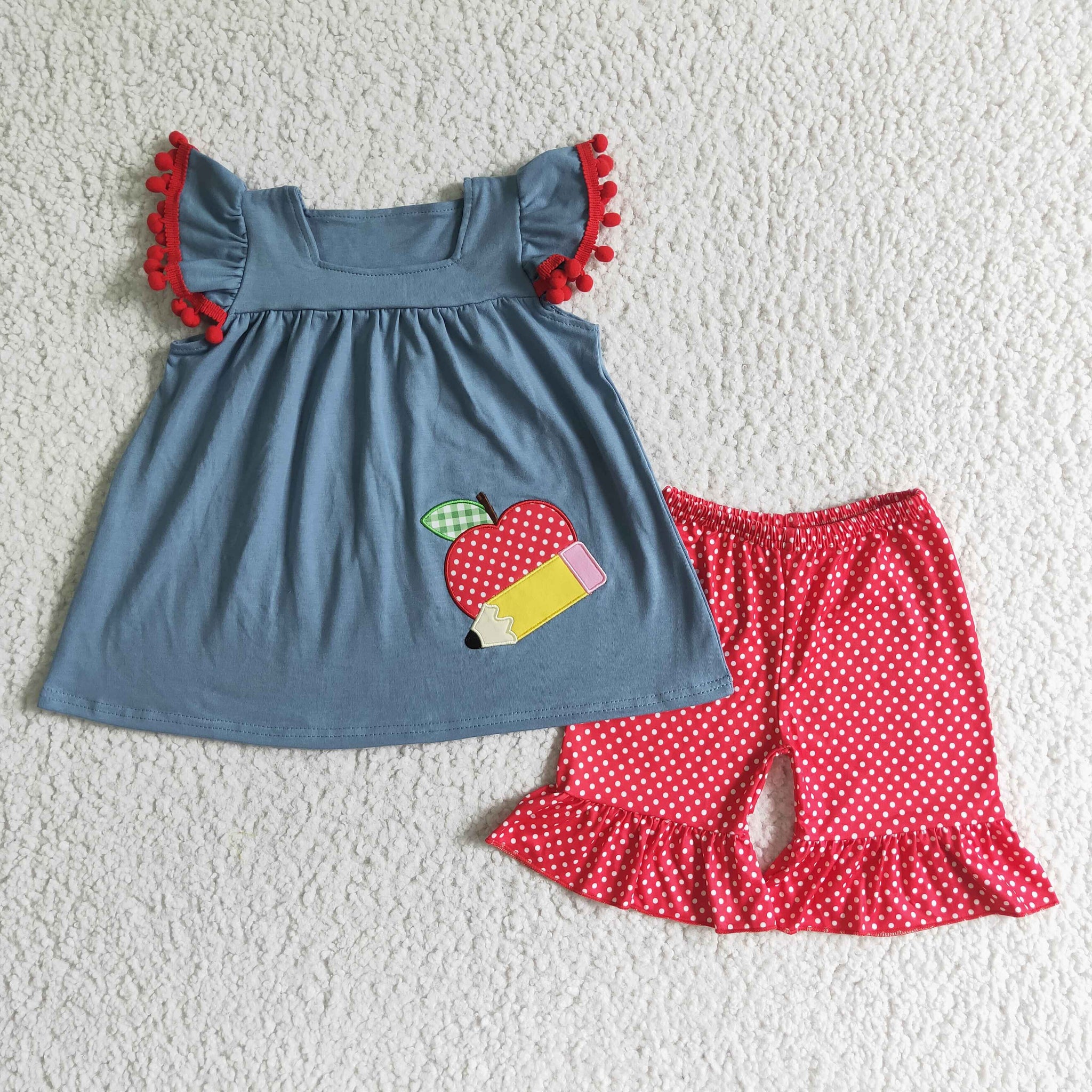 Girls Blue Embroidery Apple Pencil Fly Sleeves Red Shorts Suit