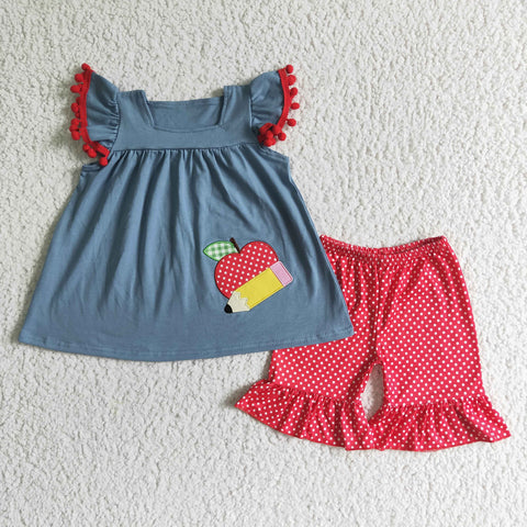 Girls Blue Embroidery Apple Pencil Fly Sleeves Red Shorts Suit