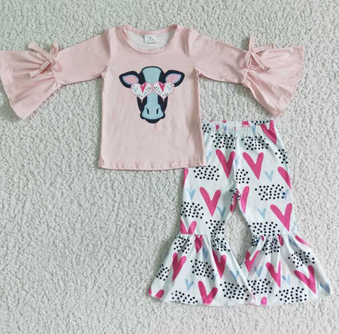 6 A15-29 Valentine's Day Bull Tau Pink Flared Sleeve Pants Set