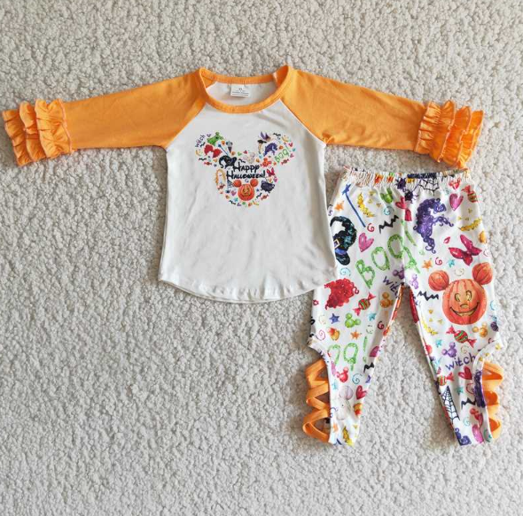 Cartoon Head Orange Lace Cuff Tie Pants Set