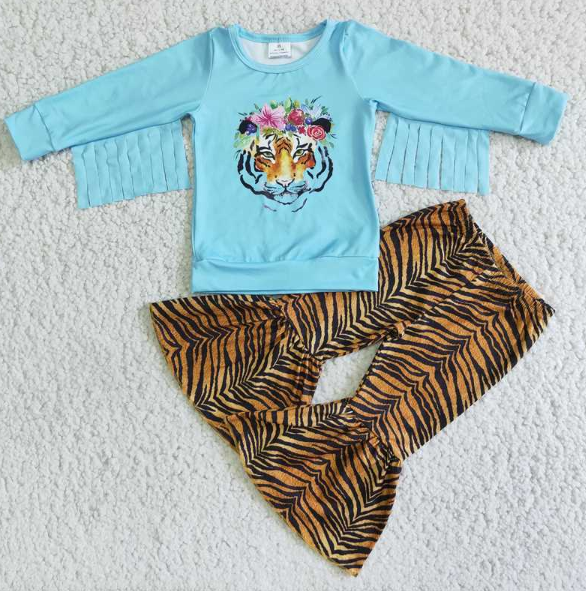 Flower Tiger Fringe Blue Long Sleeve Pants Set