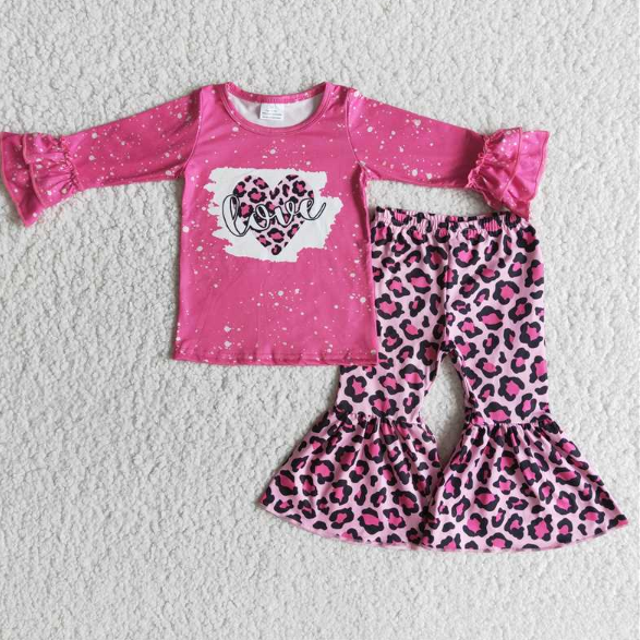 6 B9-25 Valentine's Day LOVE Leopard Print Heart Rose Long Sleeve Flared Pants