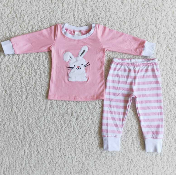 6 B8-25 Girls Easter Embroidered Bunny Pajama Set