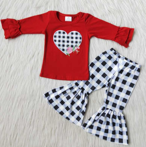 6 B11-36 Valentine's Day Embroidered Plaid Heart Long Sleeve Flared Pants