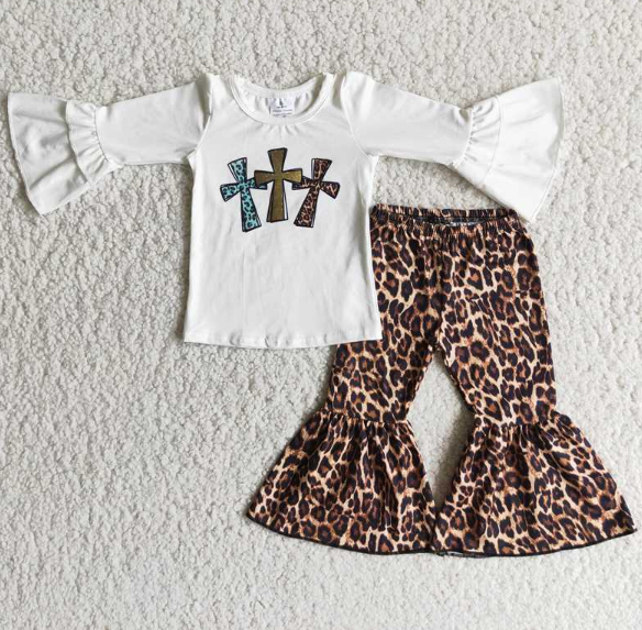 6 B13-19 White Top Tricolor Cross Leopard Print Flared Pants Long Sleeve Suit