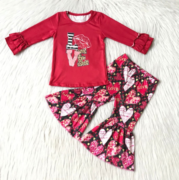 6 A2-14 LOVE Valentine's Day Heart Red Top Flared Pants