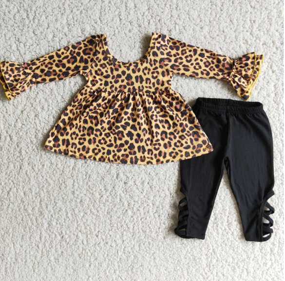 Leopard Print Long Sleeve Black Tie Pants Suit Top