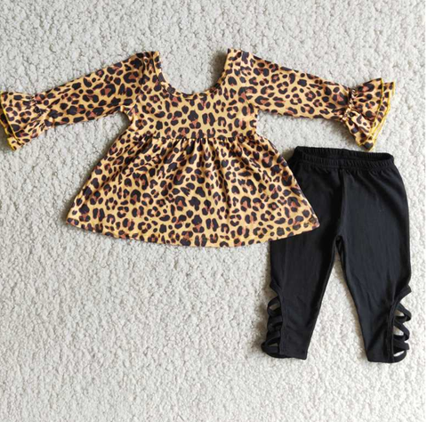 Leopard Print Long Sleeve Black Tie Pants Suit Top