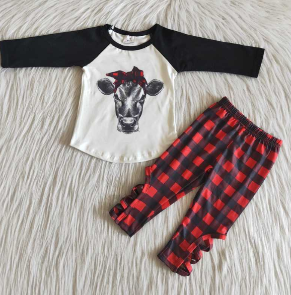 Bull Head Black Long Sleeve Plaid Pants Set