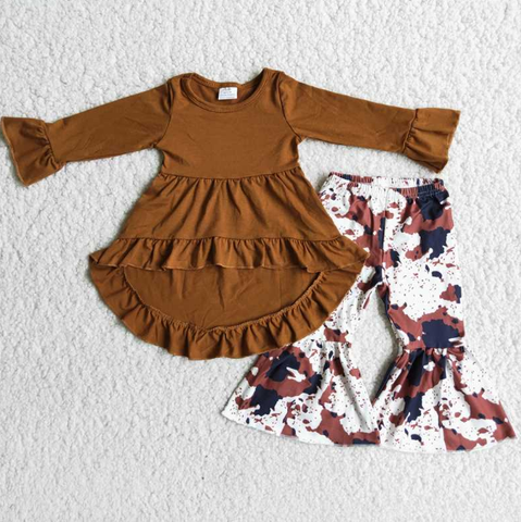 Brown Pleated Long Sleeve Ink Pants Set