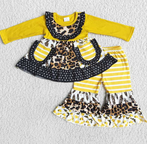 Polka Dot Black Lace Pocket Long Sleeve Striped Pants Set