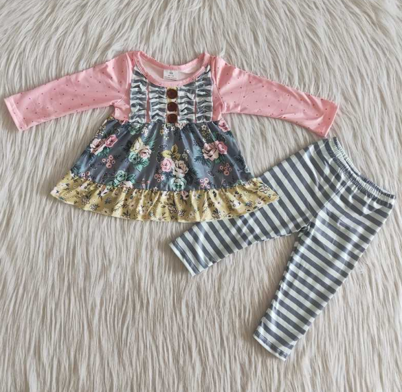 Floral Pink Long Sleeve Striped Suit