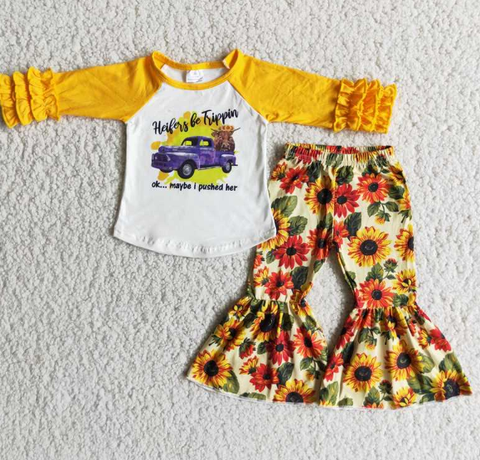 Yellow Top Truck Sunflower Flare Pants Outfit