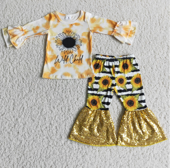 Sunflower Long Sleeve Top Yellow Sequin Flare Pants Set