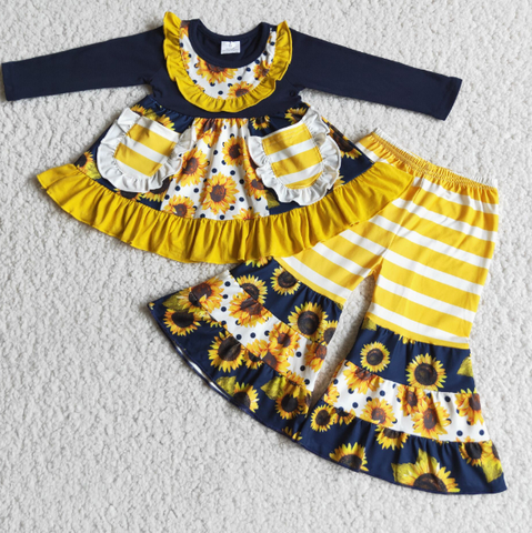 Sunflower Stripe Pocket Navy Blue Long Sleeve Suit