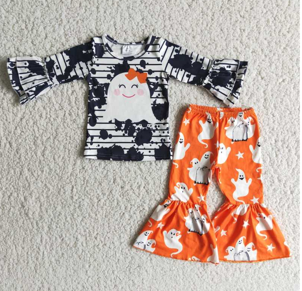 Cute Ghost Black Stripe Long Sleeve Orange Pants sets