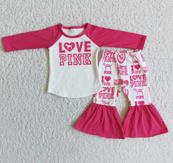 D13-27 love plnk Valentine's Day Pink Straight Long Sleeve Pants Set