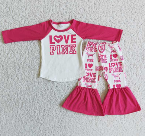 D13-27 love plnk Valentine's Day Pink Straight Long Sleeve Pants Set