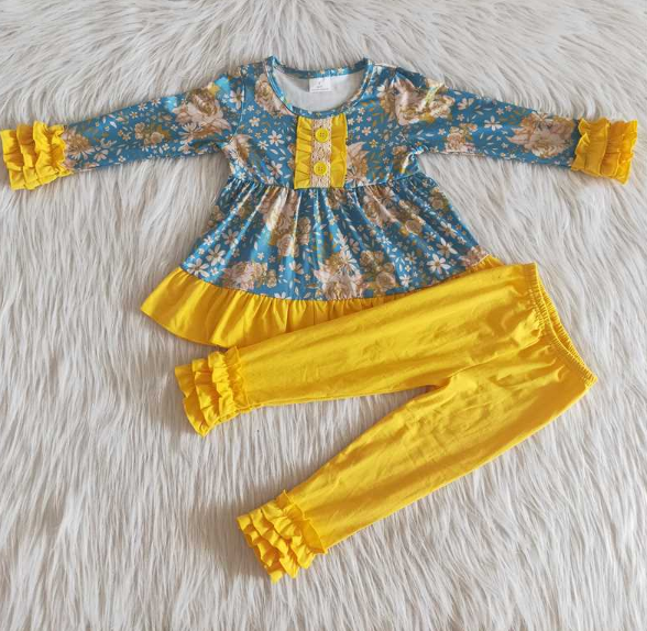 Floral Blue Top Yellow Lace Pants