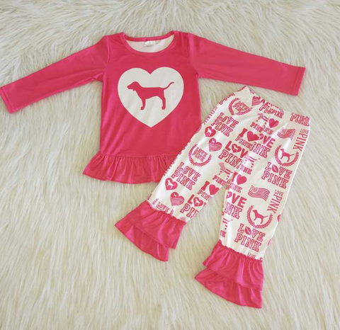 PINK rose red love puppy letter lace trousers suit