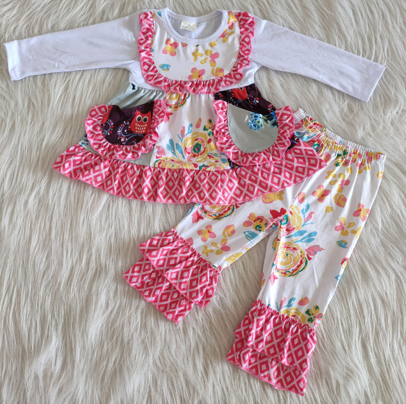 White Long Sleeve Pink Pocket Top Lace Pants