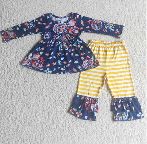 Floral Blue Top Striped Yellow Pants