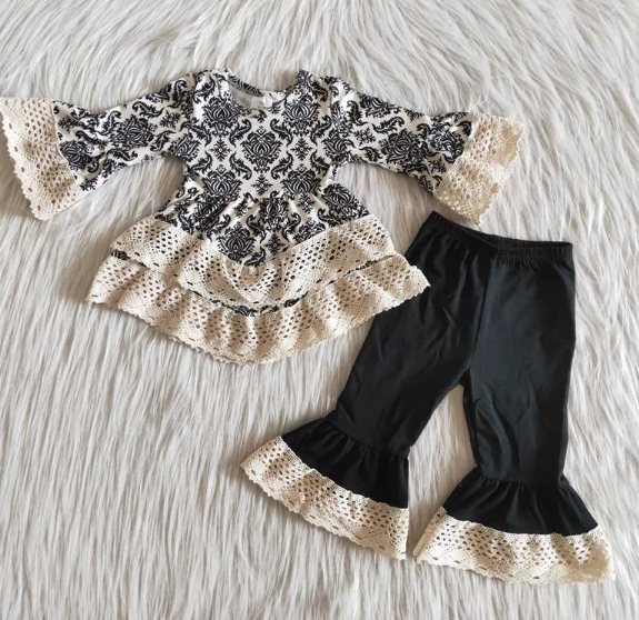 Lace Trim Long Sleeve Top Black set