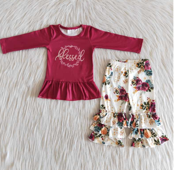Dark Red Long Sleeve Top Flower Pants