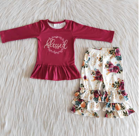Dark Red Long Sleeve Top Flower Pants