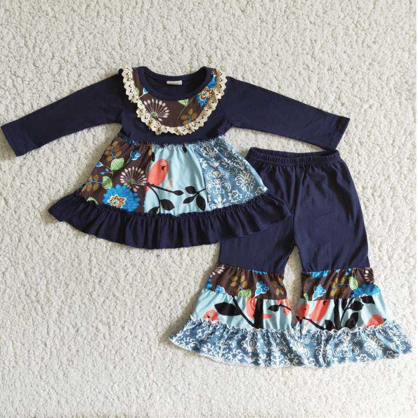 navy blue bird top flared pants long sleeve  set