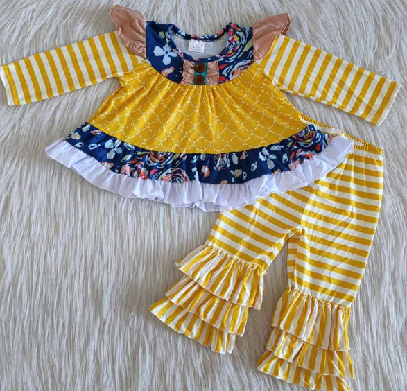 striped yellow three-layer lace pants