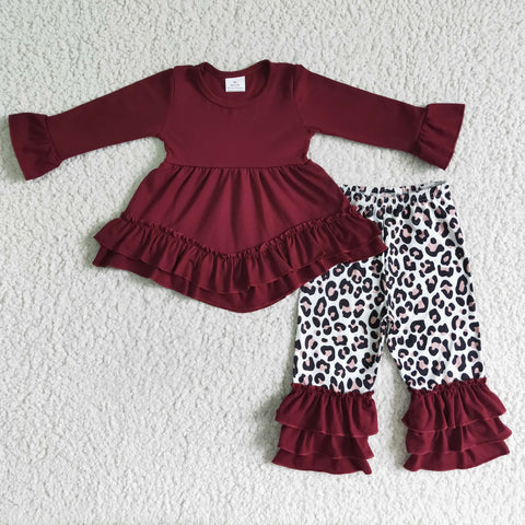 Red Long Sleeve Top Leopard Pants Set