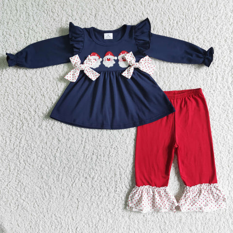 Girl Embroidery Santa Claus Long Sleeve Top Red Pants Set