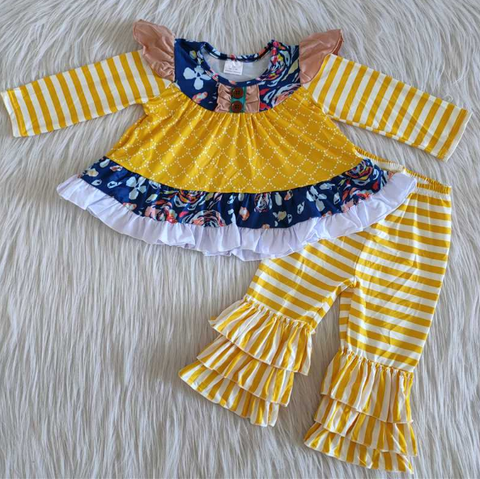 striped yellow three-layer lace pants