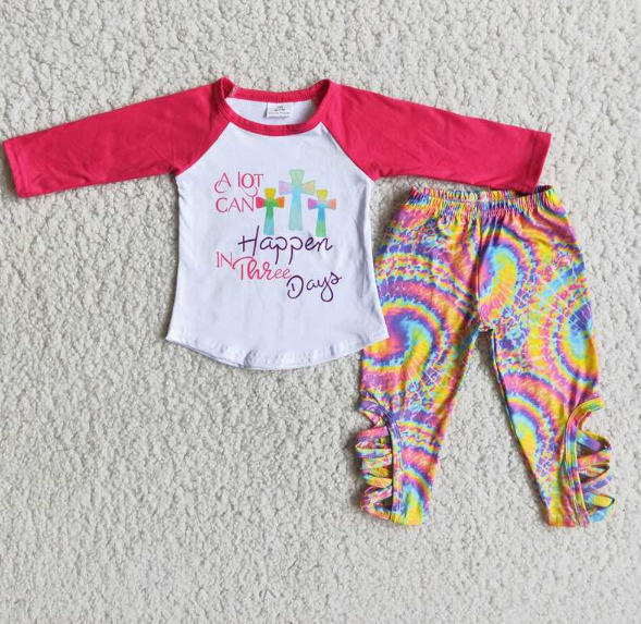 6 A28-26 Easter Rose Print Long Sleeve Tie Dye Leggings Set