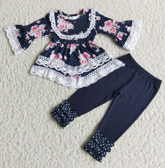 White Lace Floral Dark Blue Skirt Pants Set