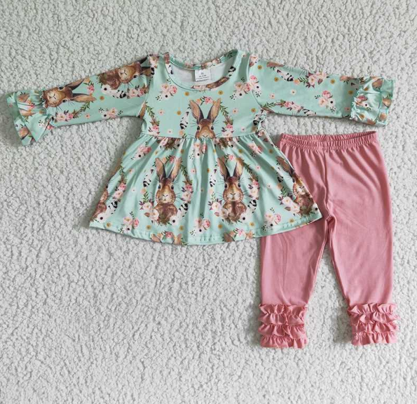 6 B10-36 Easter Bunny Green Shirt and Pink Pants