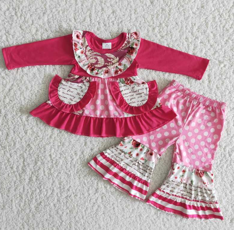 Rose Red Pocket Flared Pants Set