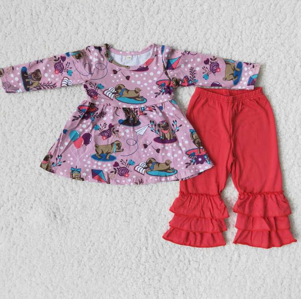 Dog Reading Pattern Long Sleeve Red Lace Pants Set