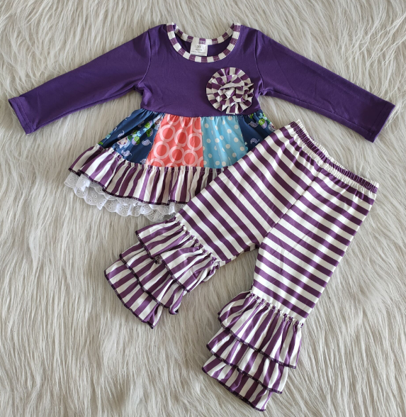 Turn 6th Floor Patchwork Pattern Purple Long Sleeve Chest Flower