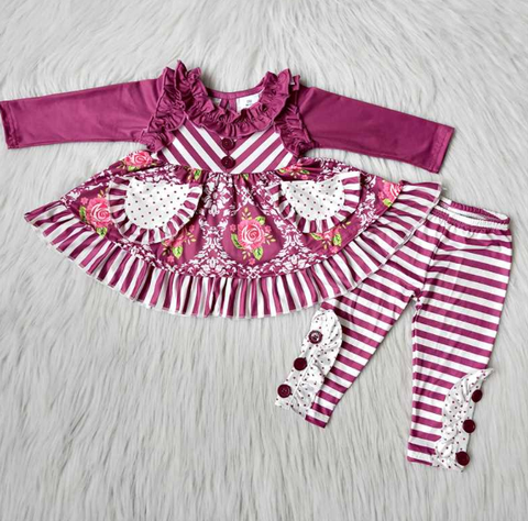 Fuchsia Striped Floral Suit Polka Dot Pocket Button Decoration set