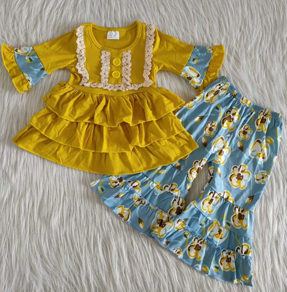 Yellow three-layer lace top and blue bottom printed pant set